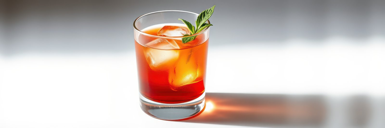 Refreshing cocktail with ice and mint served in a glass during bright daylight
